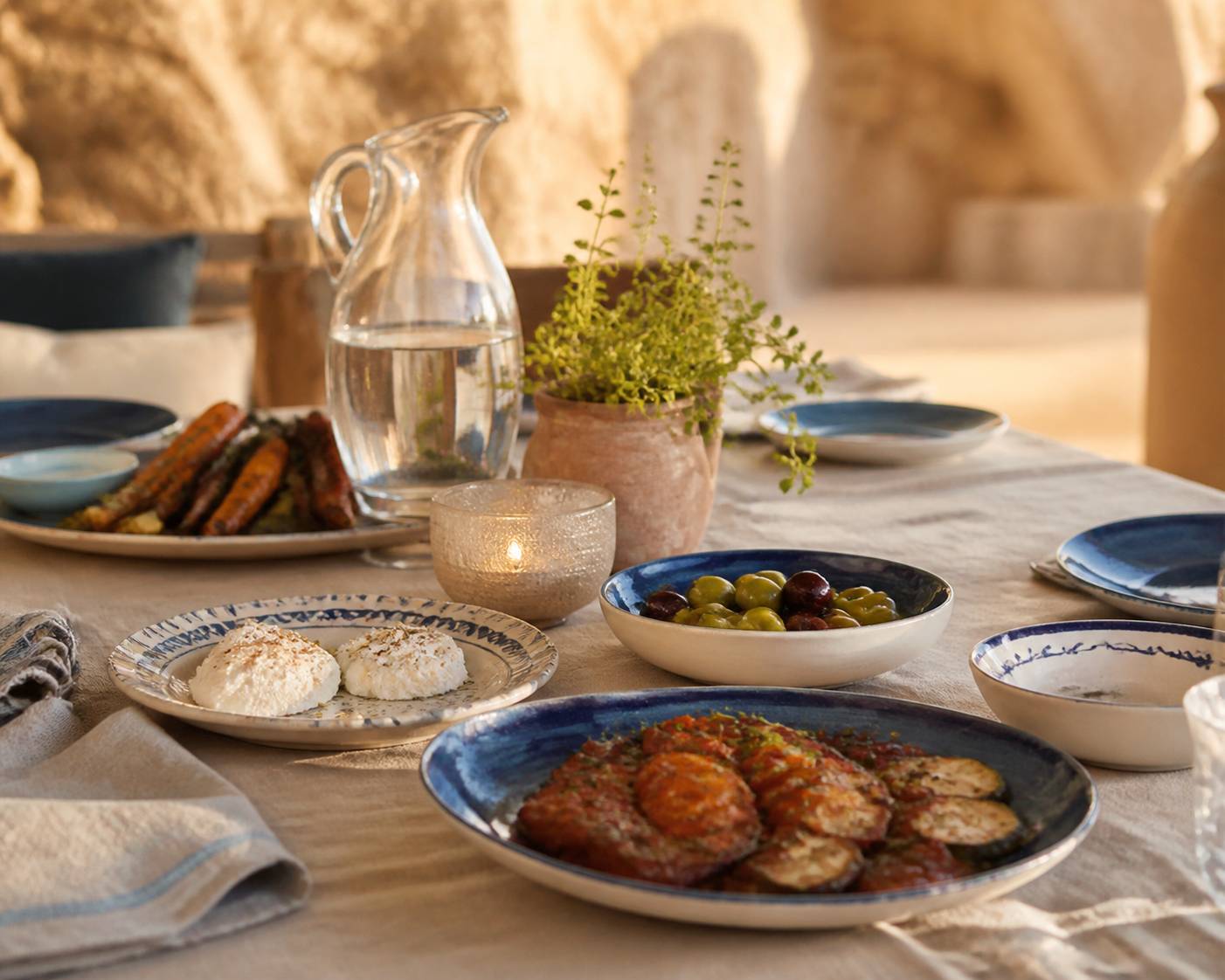 Table provençale dressée avec nappe en lin