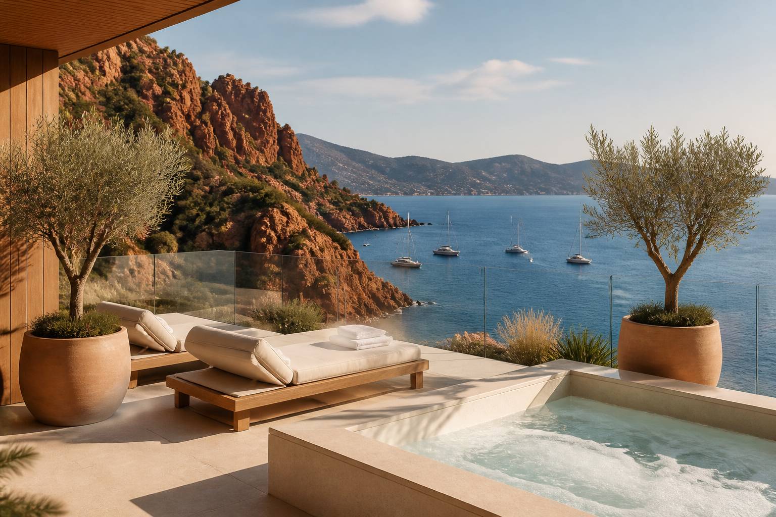 Terrasse d'hôtel avec jacuzzi et transats face au port