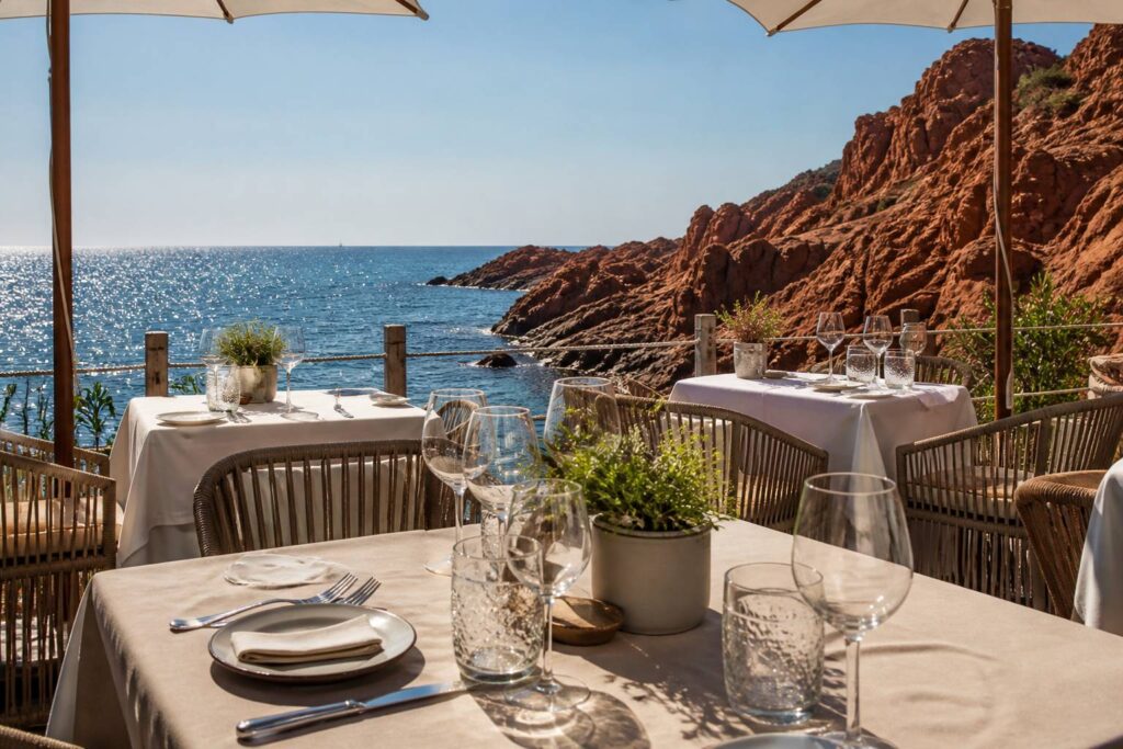 Terrasse de restaurant face à la baie avec la roche rouge de l'Estérel