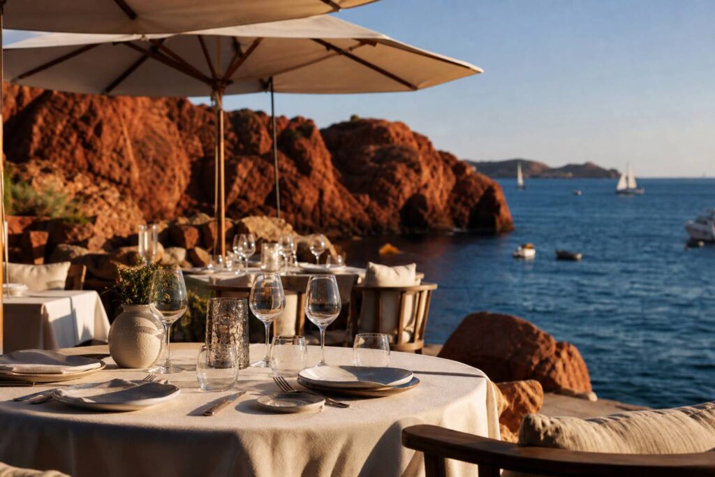 Terrasse de restaurant face à un vieux port méditerranéen aux roches rouges au coucher du soleil