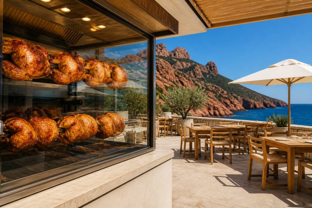 Terrasse de rôtisserie méditerranéenne avec broche de volailles rôties et roches rouges de l'Estérel au loin