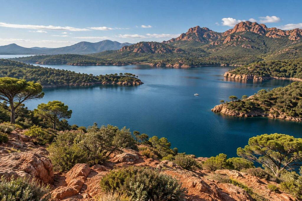 Illustration éditoriale du sujet : À la découverte du lac de Saint-Cassien : un joyau naturel entre baignade et nature sauvage