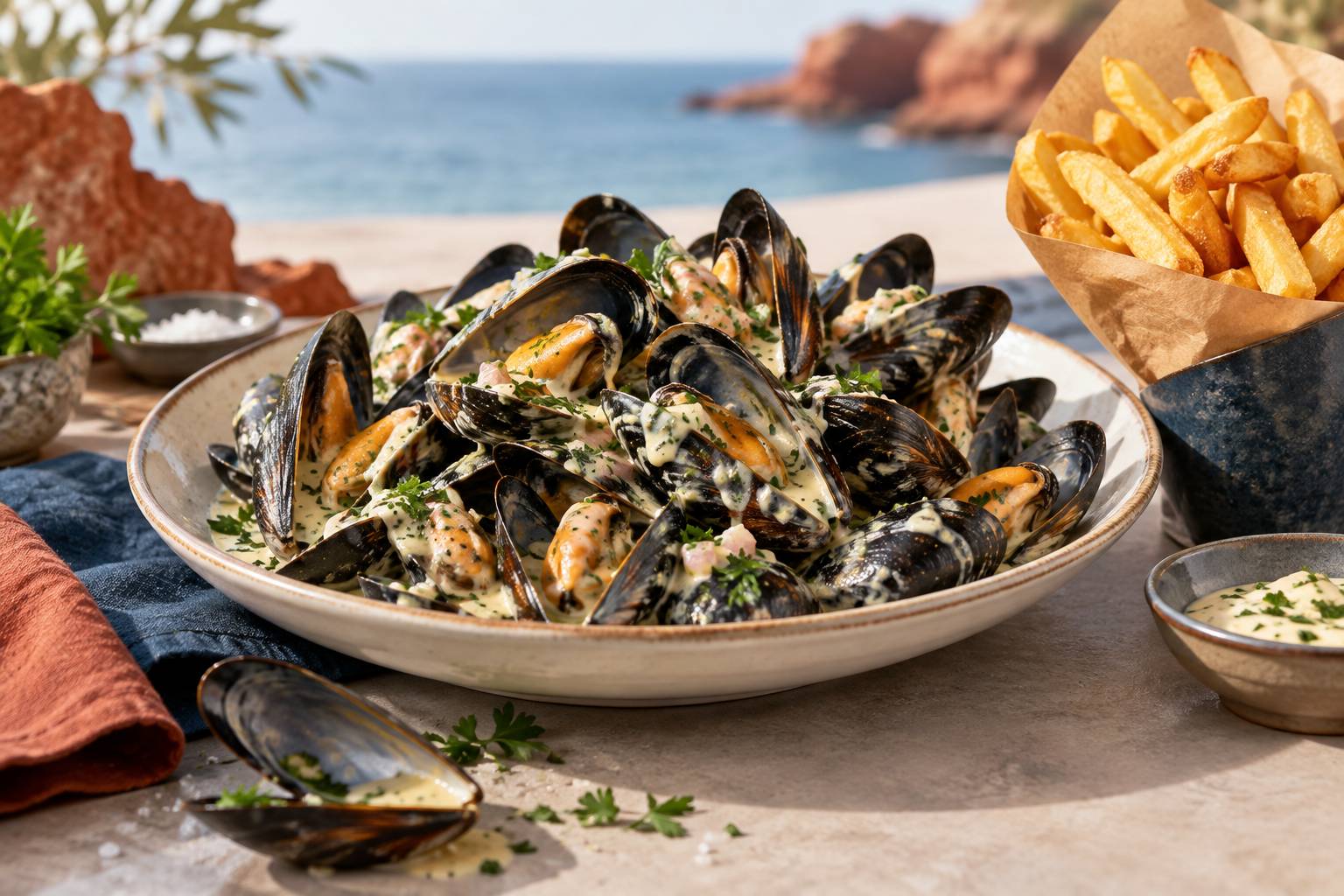 Moules marinières nappées de sauce crémeuse avec persil et frites dorées