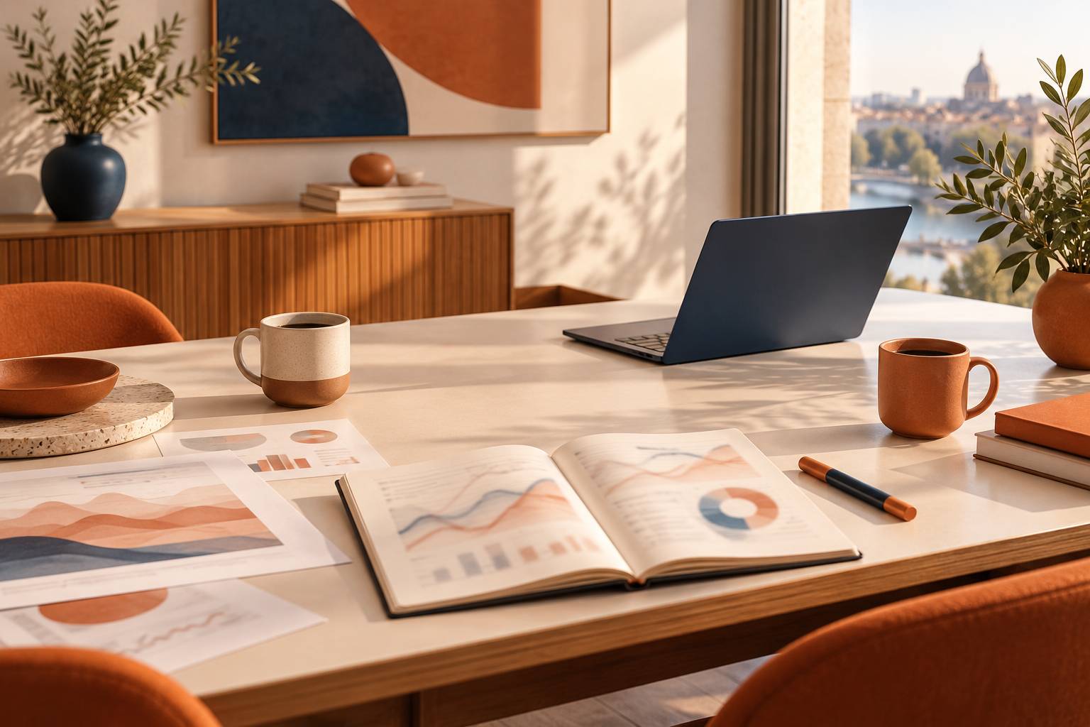 Table de veille avec cahier de courbes floues et tasses de cafe