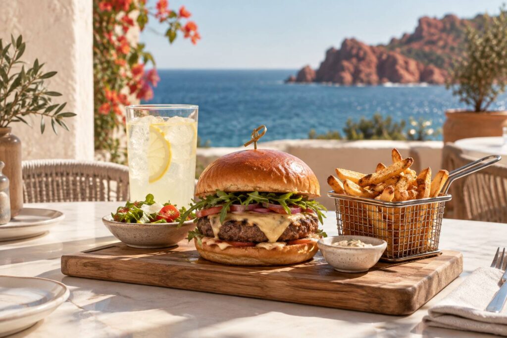 Burger maison avec steak, fromage fondu et frites maison sur planche