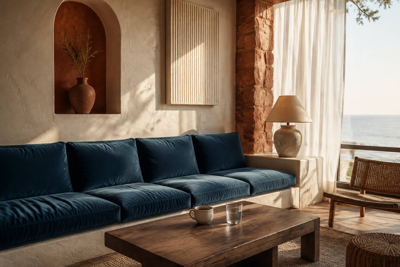 Coin salon cosy d'un café avec banquette en velours bleu et tasse de café sur une table en bois