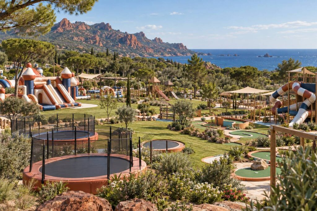 Parc de loisirs familial en plein air avec trampolines et structures gonflables