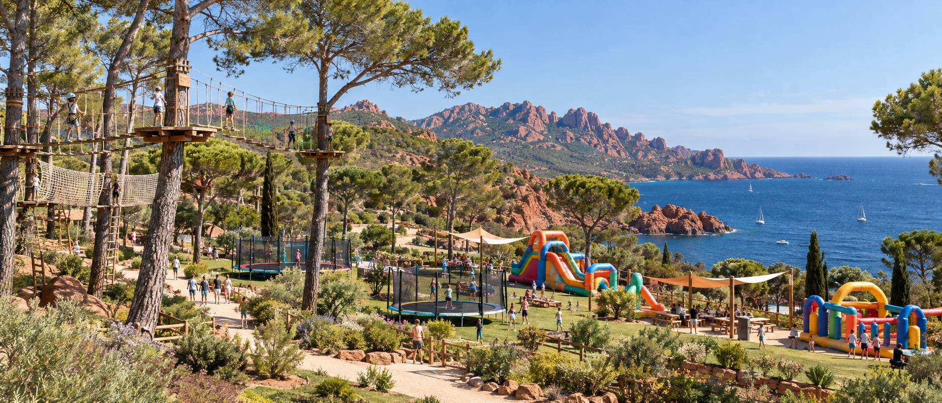 Parc de loisirs familial en plein air avec trampolines et structures gonflables