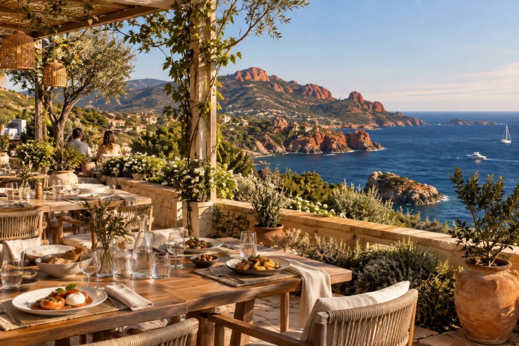 Illustration éditoriale du sujet : Dégustez un délicieux repas en terrasse aux alentours de Fréjus et Saint-Raphaël