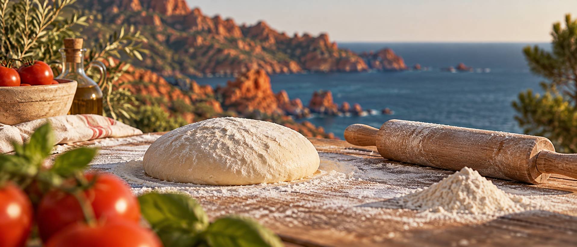 Détail de la pâte à pizza sur une planche farinée avec rouleau en bois