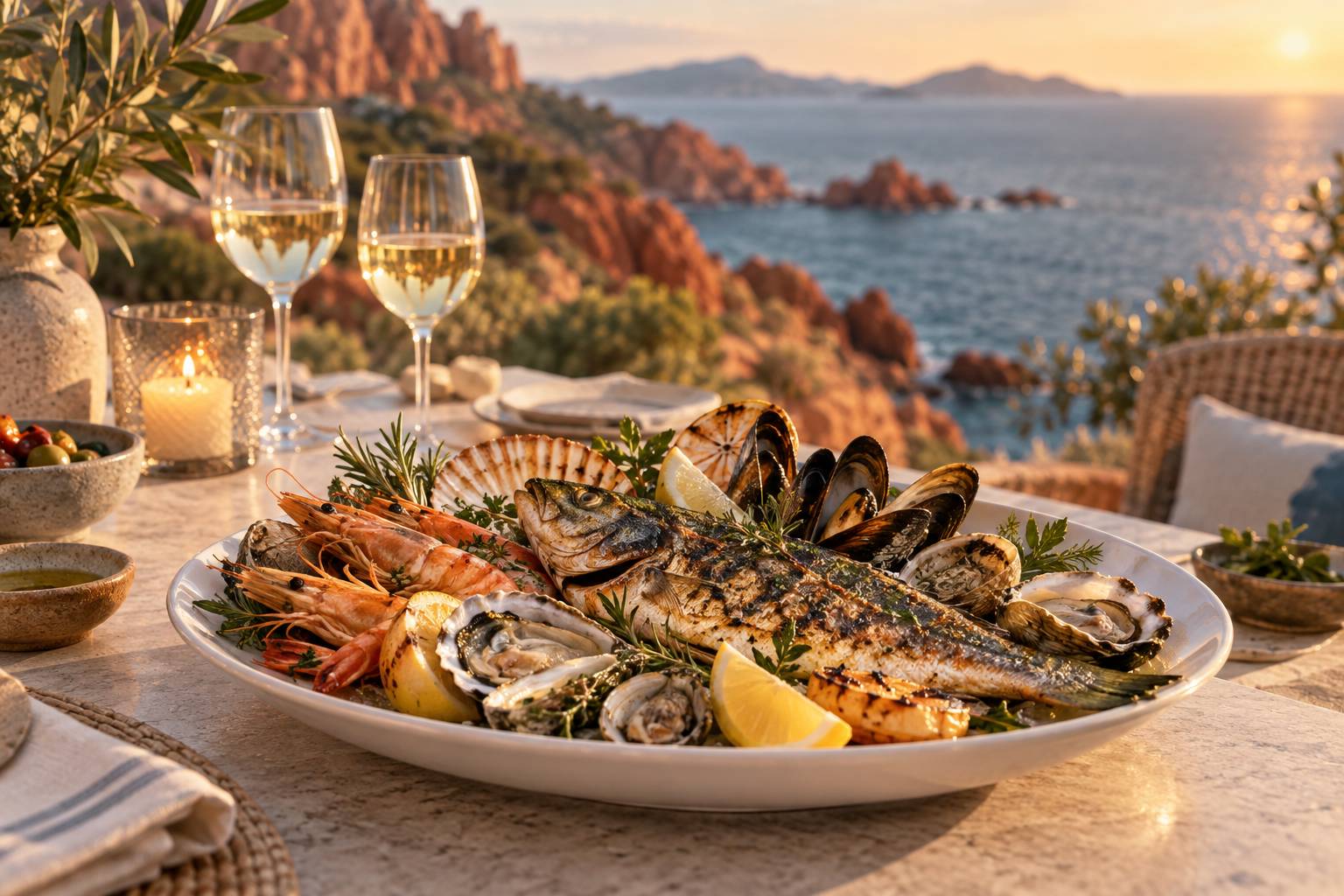 Détail d'un plateau de fruits de mer et de poisson grillé en terrasse