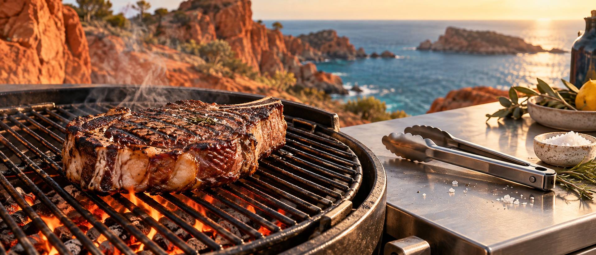 Détail d'une pièce de viande saisie sur un gril de steakhouse