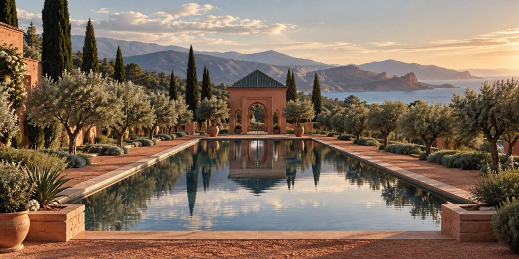 Grand bassin et oliveraie du jardin de la Menara à Marrakech