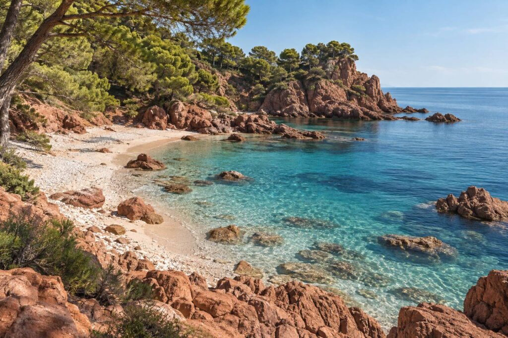 Vue large d'une petite crique méditerranéenne : bande de sable clair et galets entre une pinède ombragée et un