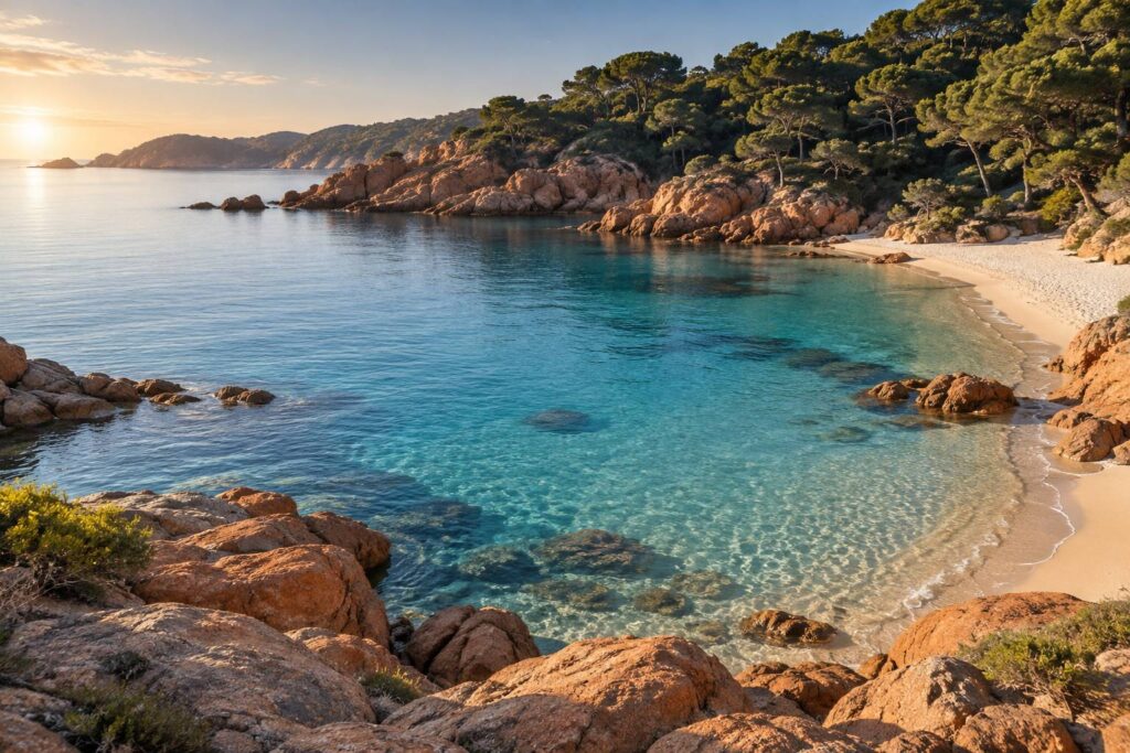 Crique méditerranéenne générique avec rochers rouges, pinède et eau turquoise au petit matin