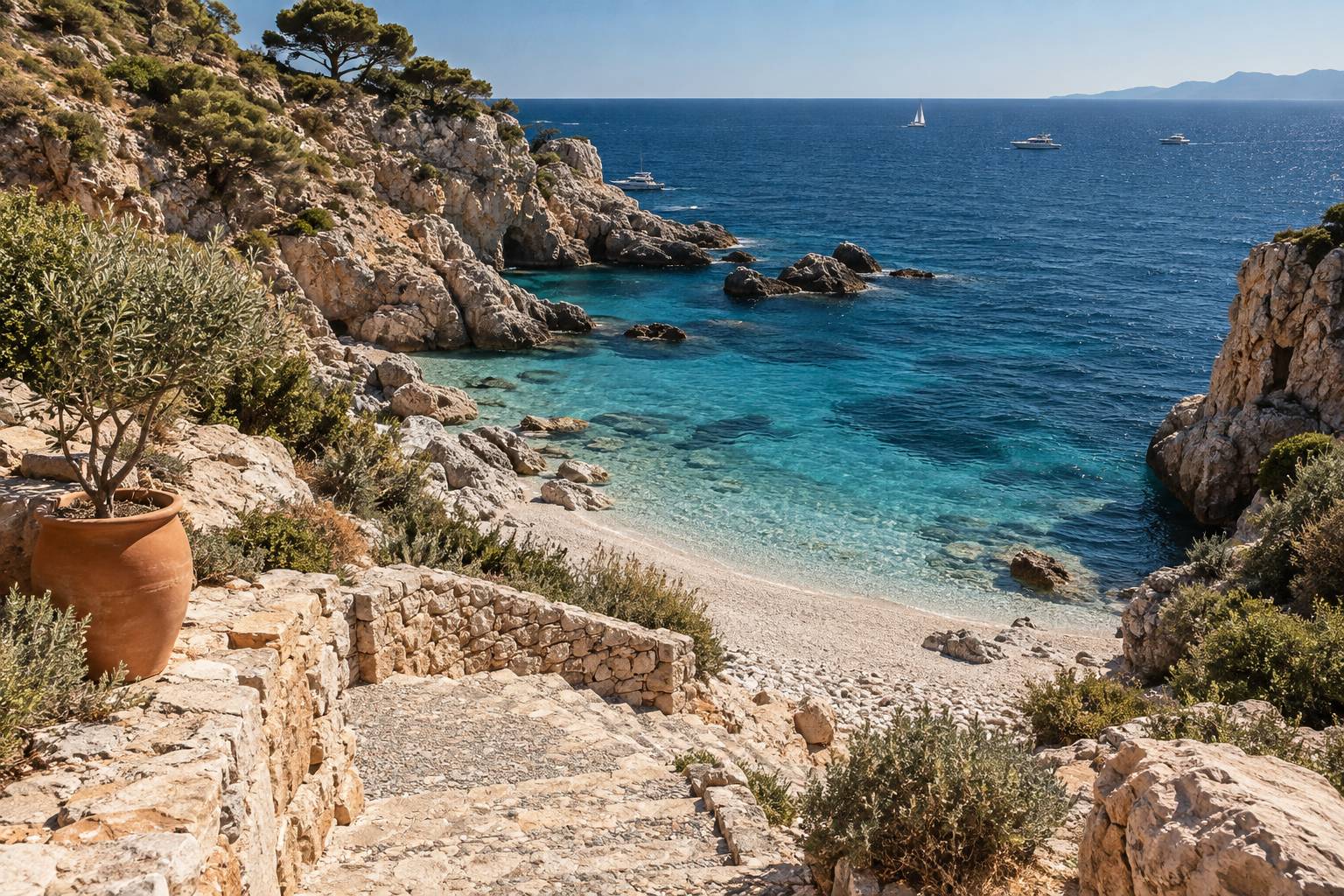 Plage privée de la Méditerranée avec transats blancs et roche rouge de l'Estérel
