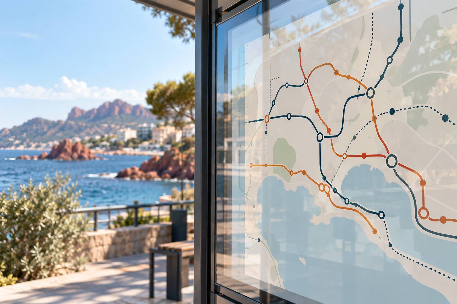Gros plan sur un plan de réseau de bus fictif affiché sur un panneau vitré