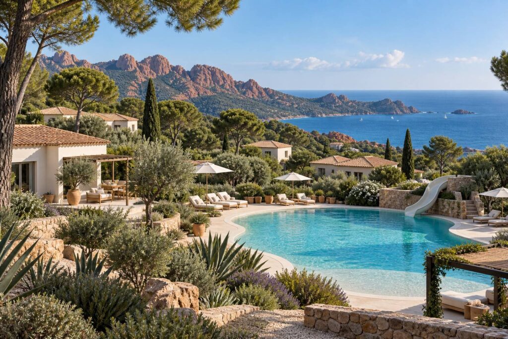 Résidence de vacances méditerranéenne avec piscine, pinède et roche rouge
