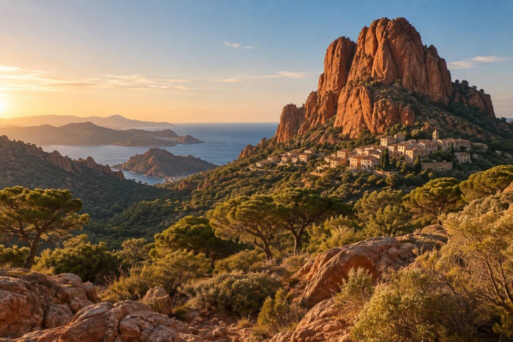 Le rocher de Roquebrune-sur-Argens dominant les pins et la garrigue