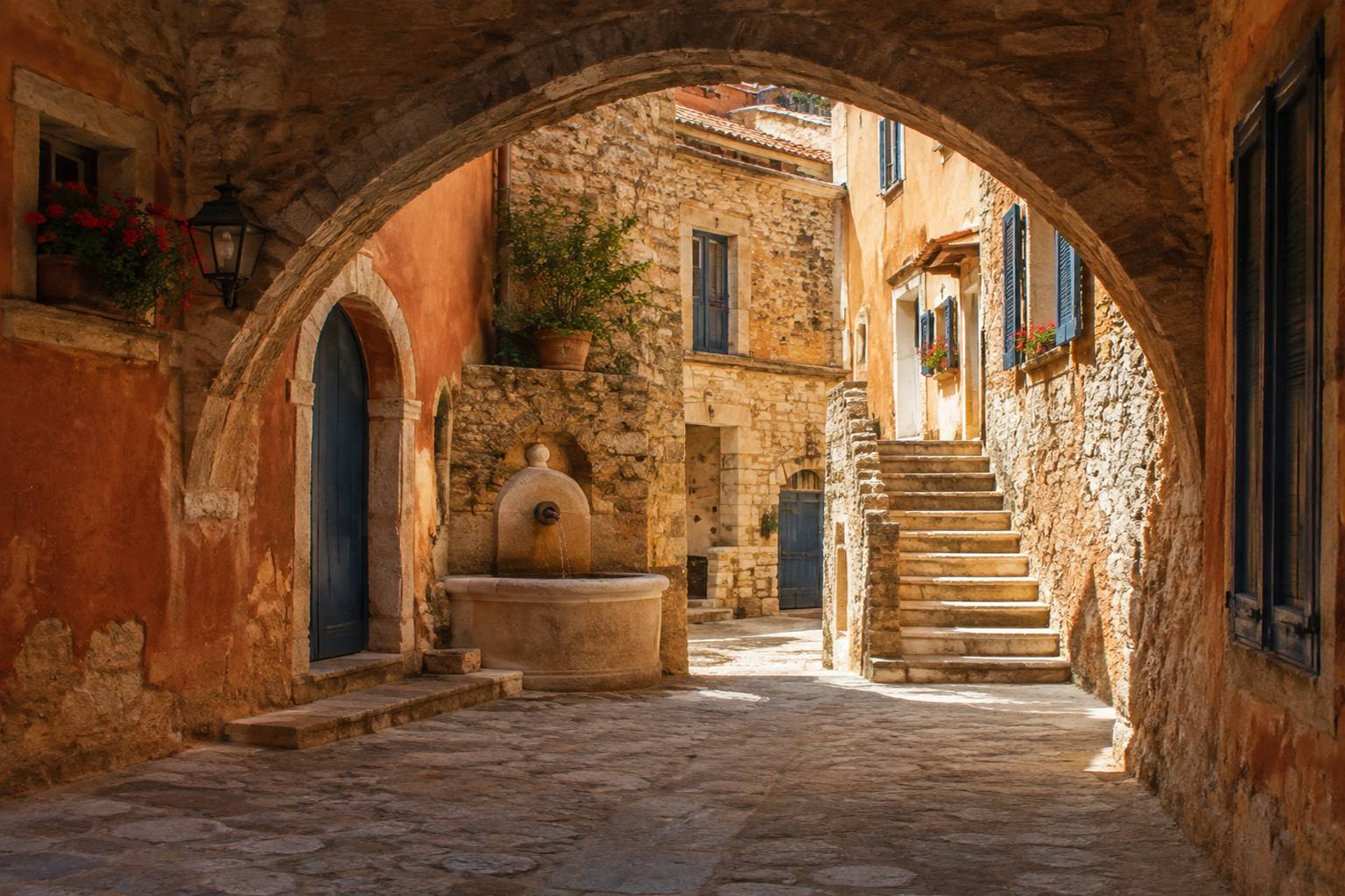 Ruelle provençale voûtée avec fontaine ancienne et géraniums aux fenêtres