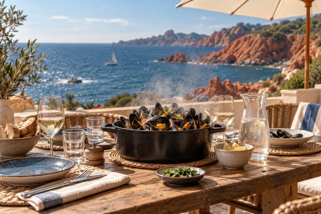 Marmite de moules fumante sur une terrasse avec la roche rouge et la mer en arrière-plan