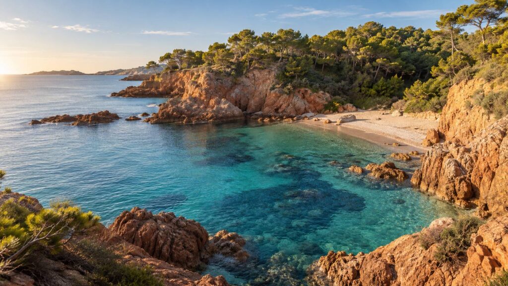 Crique méditerranéenne générique aux teintes rouges et eau turquoise au matin