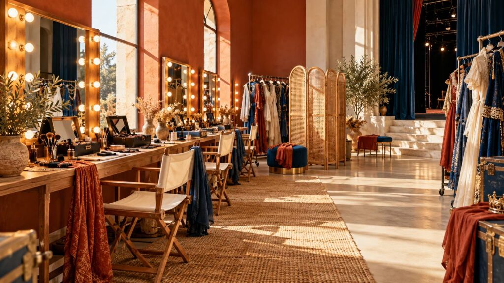 Coulisses de théâtre avec loges à miroirs, costumes sur portants et boîtes de maquillage