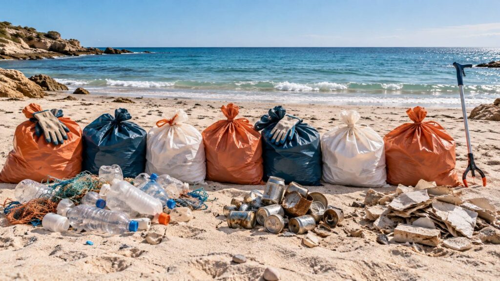 Sacs-poubelle noués et gants épais posés sur le sable avec une pince de ramassage plantée à côté