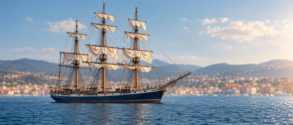 Trois-mâts aux voiles carrées ferlées au mouillage sur une mer calme