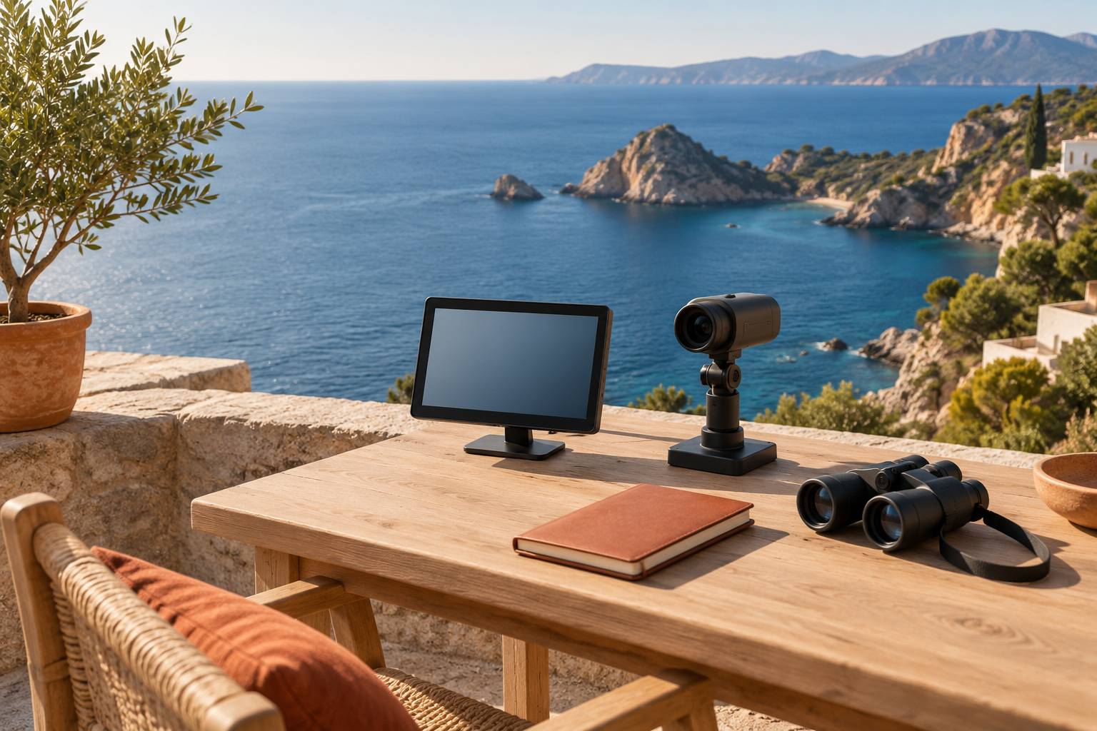 Camera et ecran de controle sur une table en bois pres du littoral